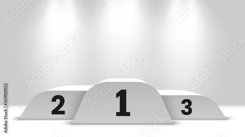 White blank winners podium with spotlights. Pedestal. Vector illustration.