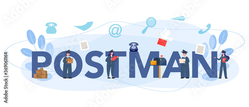 Postman profession typographic header. Post office staff providing