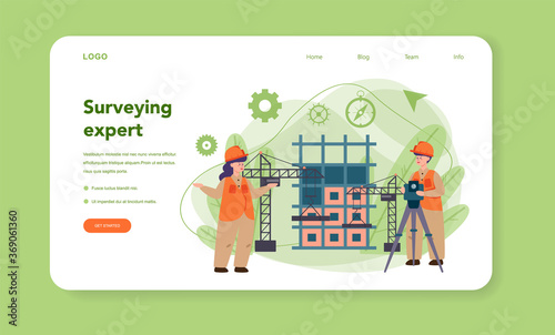 Geodesy science web banner or landing page. Land surveying