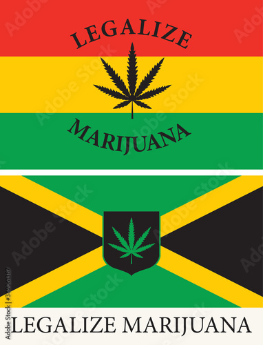Banner in the form of Jamaican and rastafarian flags with a hemp leaf. The concept of legalizing marijuana, legalize cannabis in Jamaica. Drug use and decriminalization. Smoking weed