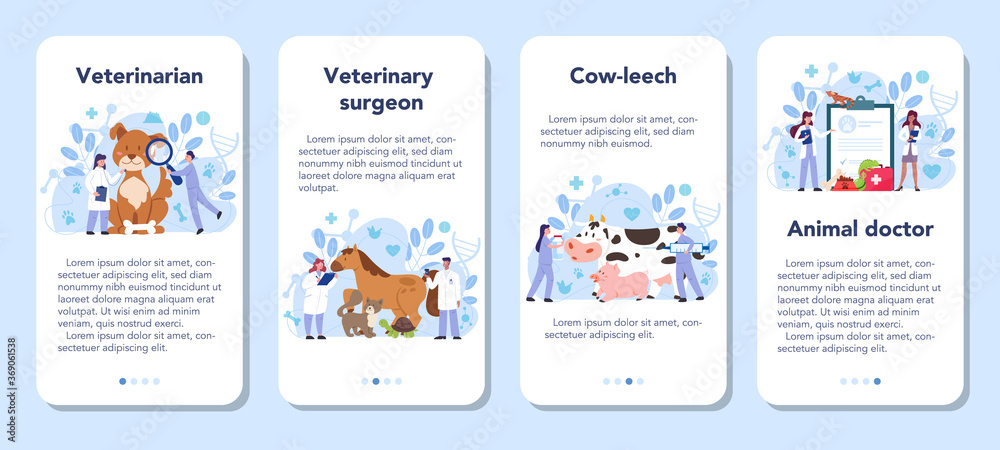 Pet veterinarian mobile application banner set. Veterinary doctor
