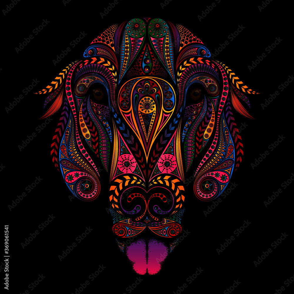 Cheerful color vector dog with tongue in zentangle style