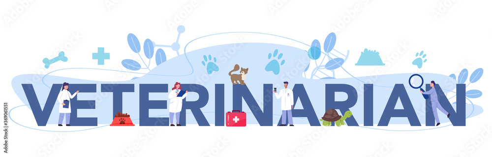 Pet veterinarian typographic header. Veterinary doctor checking - obrazy, fototapety, plakaty 