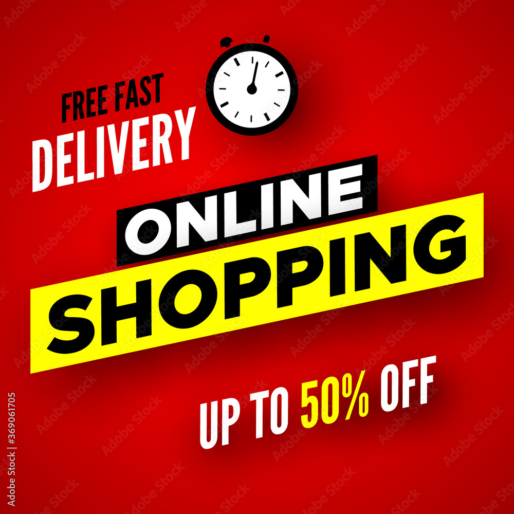 Fototapeta premium Free fast delivery online shopping banner. Sale poster, up to 50% off. Vector illustration.