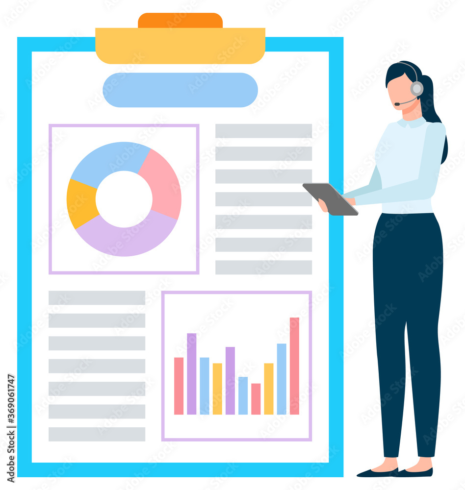 Worker in headset holding tablet with graph report, international business. Employee with wireless device, chart information, communication online vector Worker in headset holding tablet with graph report, international business. Employee with wireless device, chart information, communication online vector