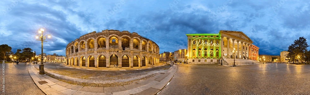 Verona: the Roman amphitheater of the Arena and Barbieri palace in Bra Square. Veneto, Italy, Europe.