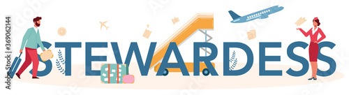 Stewardess typographic header. Beautiful female flight attendants