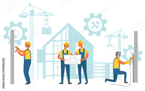Contactors discussing project, builder drilling and hammering bolt into wall. Silhouette of building house, crane and wrench, repair technology vector