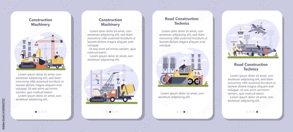 Construction and engineering industry mobile application banner set.