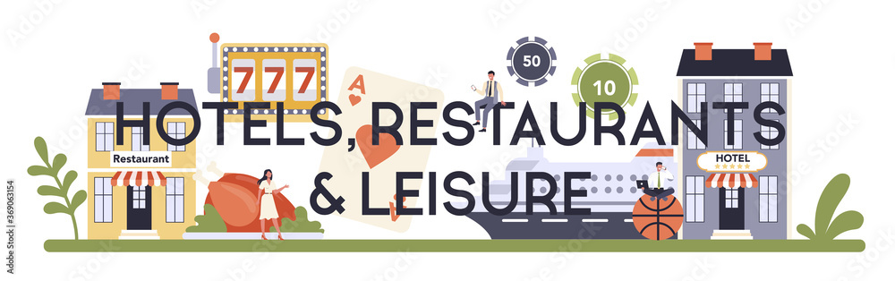 Naklejka premium Leisure service sector of the economy typographic header.