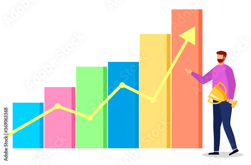 Man standing near statistics chart and looking. Business analytics information on simple schema. Guy with winner cup in hand, diagram that represents success of company. Vector illustration in flat