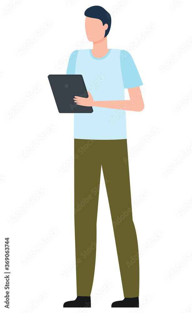 Manager holding tablet, working with wireless device, worldwide internet connection. Employee communication online by using computer. B2B management, male taking orders in flat design cartoon style