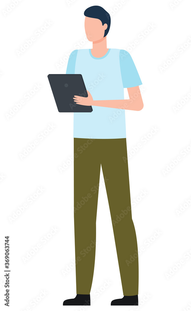 Manager holding tablet, working with wireless device, worldwide internet connection. Employee communication online by using computer. B2B management, male taking orders in flat design cartoon style Manager holding tablet, working with wireless device, worldwide internet connection. Employee communication online by using computer. B2B management, male taking orders in flat design cartoon style