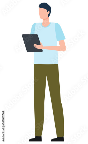 Manager holding tablet, working with wireless device, worldwide internet connection. Employee communication online by using computer. B2B management, male taking orders in flat design cartoon style