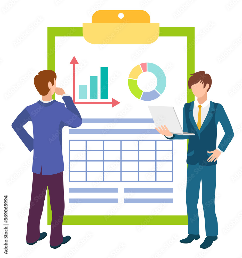 Business project analysis data on clipboard document vector, man thinking on stats. People working on challenges of startup, flowcharts and charts Business project analysis data on clipboard document vector, man thinking on stats. People working on challenges of startup, flowcharts and charts
