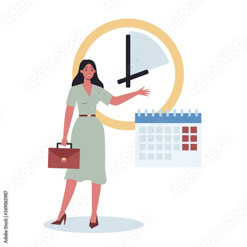 Business character with a clock. Work effectivity and planning.