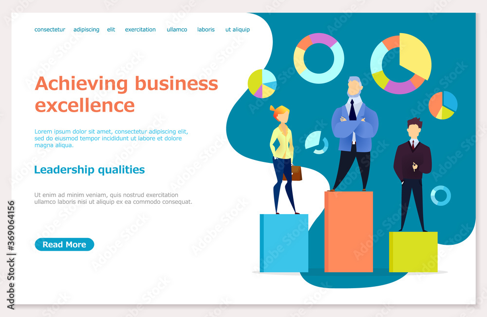 Website of company that achieving business excellence. Page about leadership qualities that bring you success. Men and woman, team of managers stand on data chart. Vector illustration in flat style
