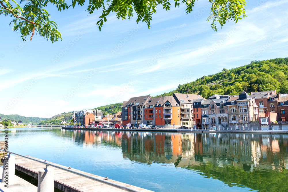image of Dinant in Belgium along the Meuse river with leaves of tree in front of photo. 