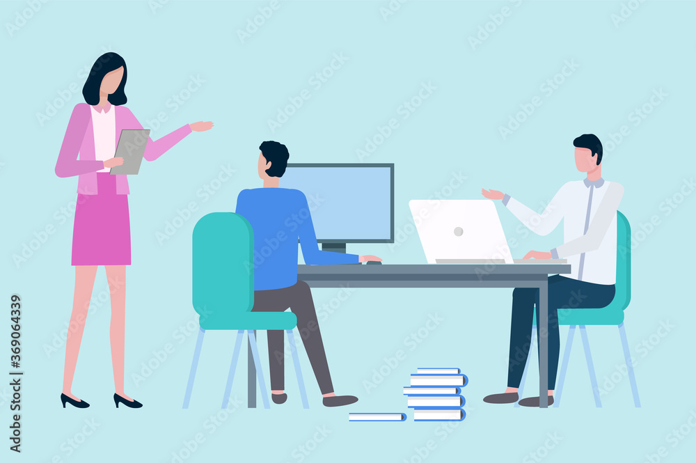 Man and woman in office vector, lady boss giving tasks to employees, males sitting by tables with laptops dealing with info and business projects Man and woman in office vector, lady boss giving tasks to employees, males sitting by tables with laptops dealing with info and business projects