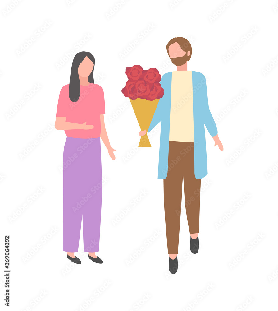 Dating couple, man with bouquet of flowers and woman isolated cartoon character. Vector married husband and wife, happy family, present for girlfriend Dating couple, man with bouquet of flowers and woman isolated cartoon character. Vector married husband and wife, happy family, present for girlfriend