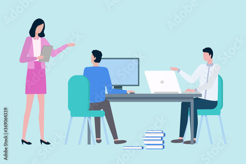 Man and woman in office vector, lady boss giving tasks to employees, males sitting by tables with laptops dealing with info and business projects © robu_s