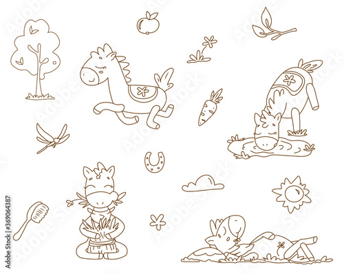 Coloring page cute little horse. Vector set of four cute horses and extra objects.
