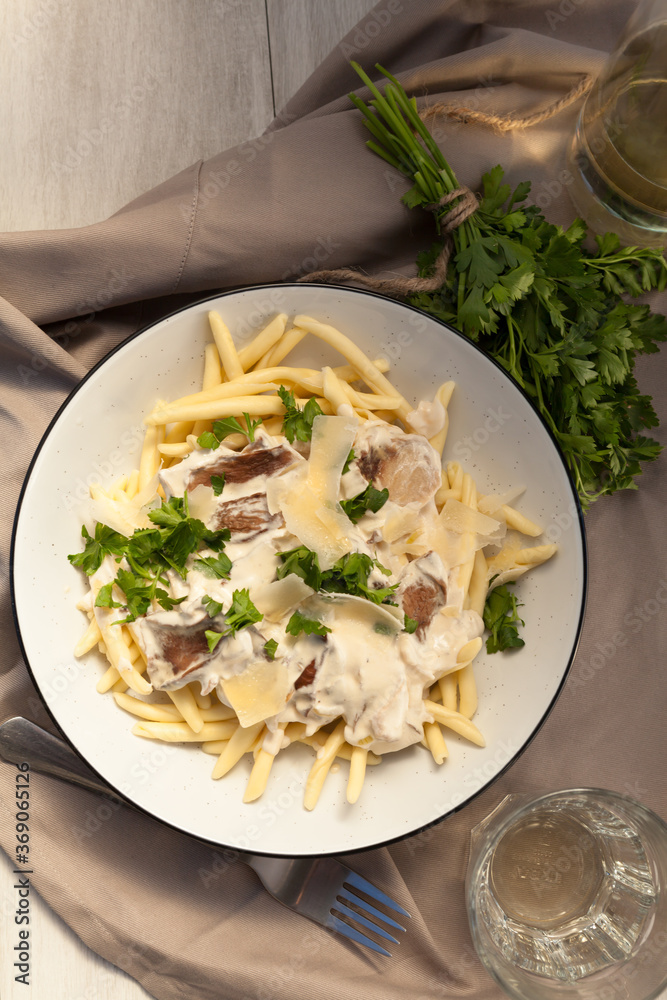 Fusilli with porcini mushrooms and cream.