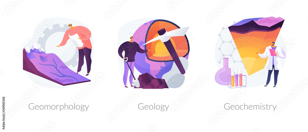 Earth science abstract concept vector illustration set. Geomorphology and geology, organic geochemistry, minerals research, landscape formation, petroleum research, soil exploration abstract metaphor.
