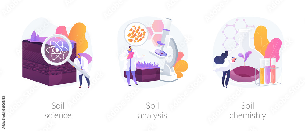 Natural resource study abstract concept vector illustration set. Soil science, analysis and chemistry, land management, soil test, laboratory service, pollution level, agriculture abstract metaphor.