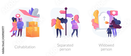 Living together abstract concept vector illustration set. Cohabitation, separated person, widowed person, common law relationship, divided couple, loss of partner, support group abstract metaphor.