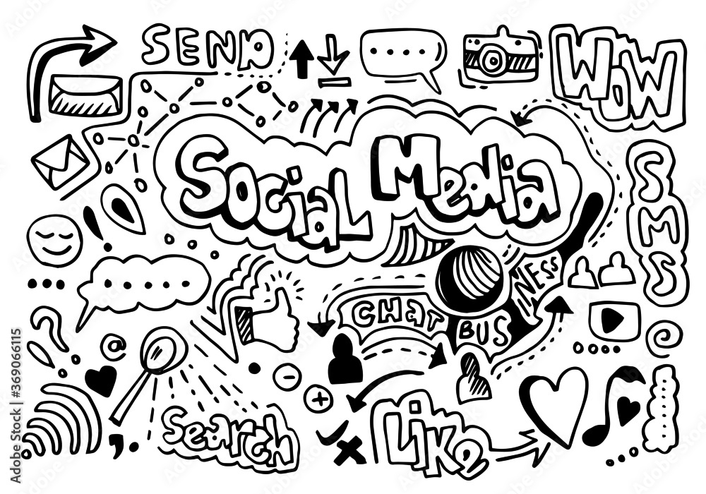 Vector line art Doodle cartoon set of objects and symbols on the Social Media theme.