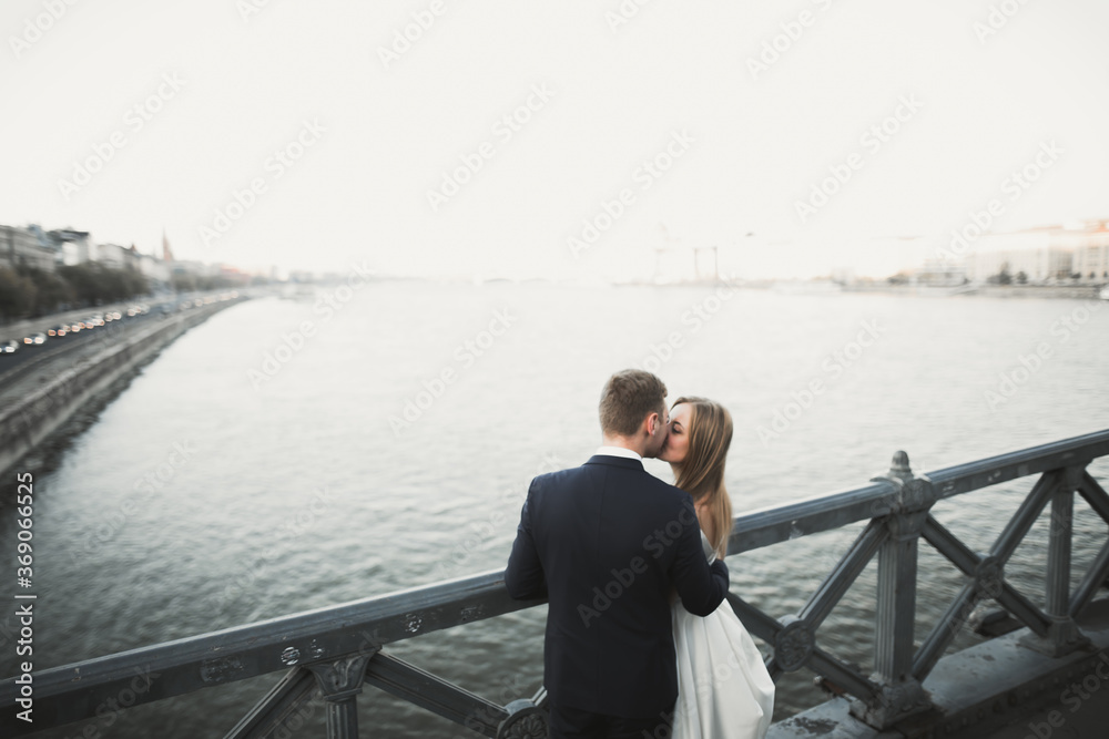Young wedding couple, beautiful bride with groom portrait on the bridge, summer nature outdoor