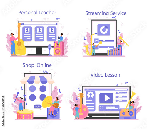 Musician and music online service or platform set. Young performer