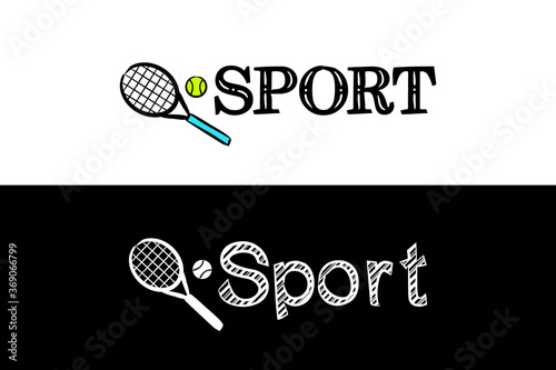 Logo for the Sport school subject. Hand-drawn icon of tennis with title. Sport emblem in chalk style on a black chalkboard. Vector illustration for poster, banner or education project.