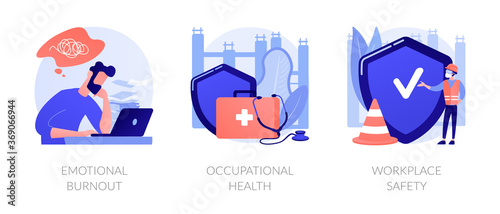 Employee health abstract concept vector illustration set. Emotional burnout, occupational health, workplace safety, overload, injury prevention, labor condition, working environment abstract metaphor.