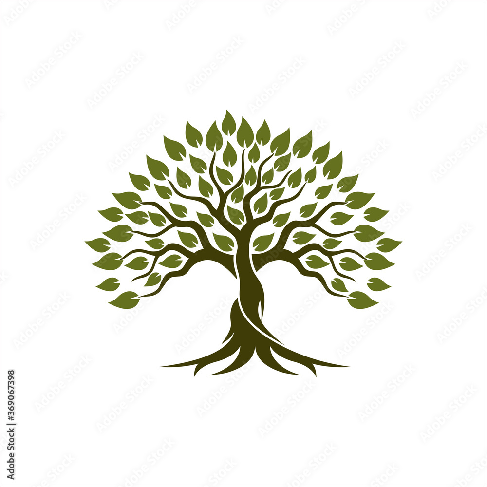 Fototapeta premium Root Of The Tree logo illustration. Vector silhouette of a tree, Abstract vibrant tree logo design, root vector - Tree of life logo design inspiration isolated on white background.