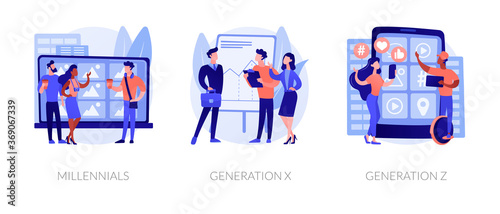 Generational change abstract concept vector illustration set. Millennials, Generation X and Z, digital native, middle age, parents, hyper-connected world, childhood with tablet abstract metaphor.