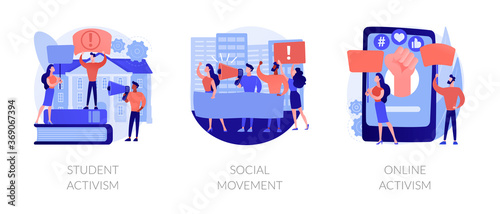 Political and social change abstract concept vector illustration set. Student and online activism, social movement, big crowd, mass protest, group action, digital communication abstract metaphor.