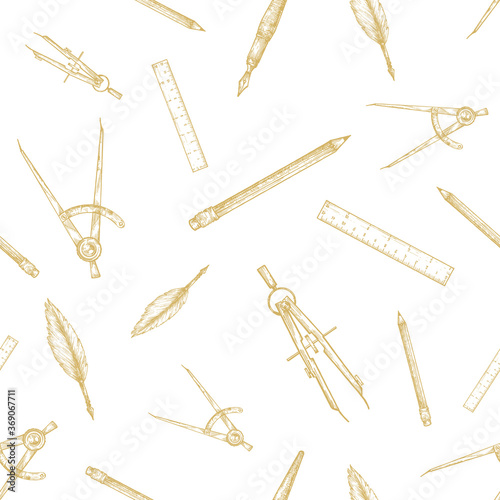 Stationary Vector Seamless Background Pattern. Hand Drawn Compass, Pencil, Ruler and Feather Pen Sketches. School Staff Card, Wrapping, Wallpaper or Cover Template