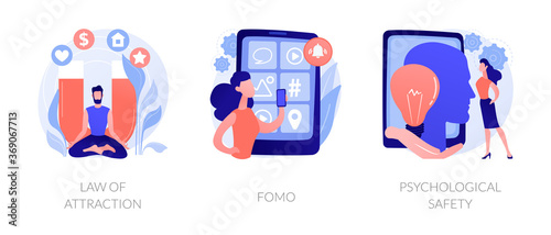 Positive and negative emotions abstract concept vector illustration set. Law of attraction, FOMO, psychological safety, social anxiety, well-being, personal comfort, visualization abstract metaphor.
