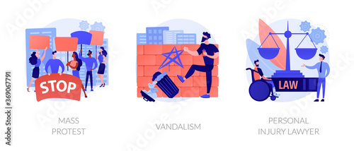 Riots outrage abstract concept vector illustration set. Mass protest, vandalism, personal injury lawyer, demonstration, political rights, racial equity, law enforcement, damage abstract metaphor.