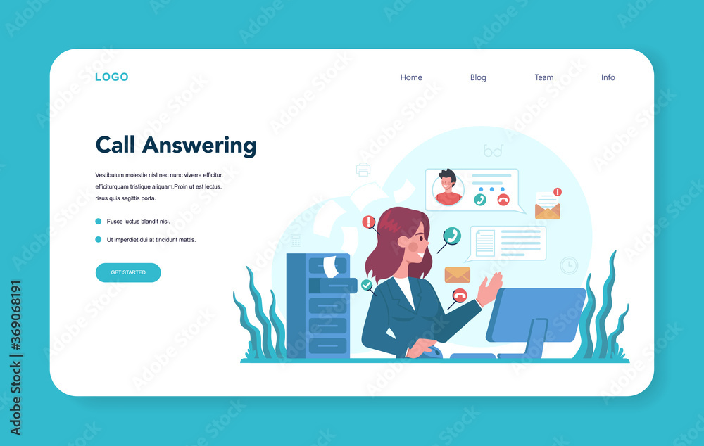 Secretary web banner or landing page. Receptionist answering Secretary web banner or landing page. Receptionist answering