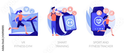 Smart personal training technologies abstract concept vector illustration set. VR fitness gym, smart experience, sport and fitness tracker, fit coaching application, health monitor abstract metaphor.