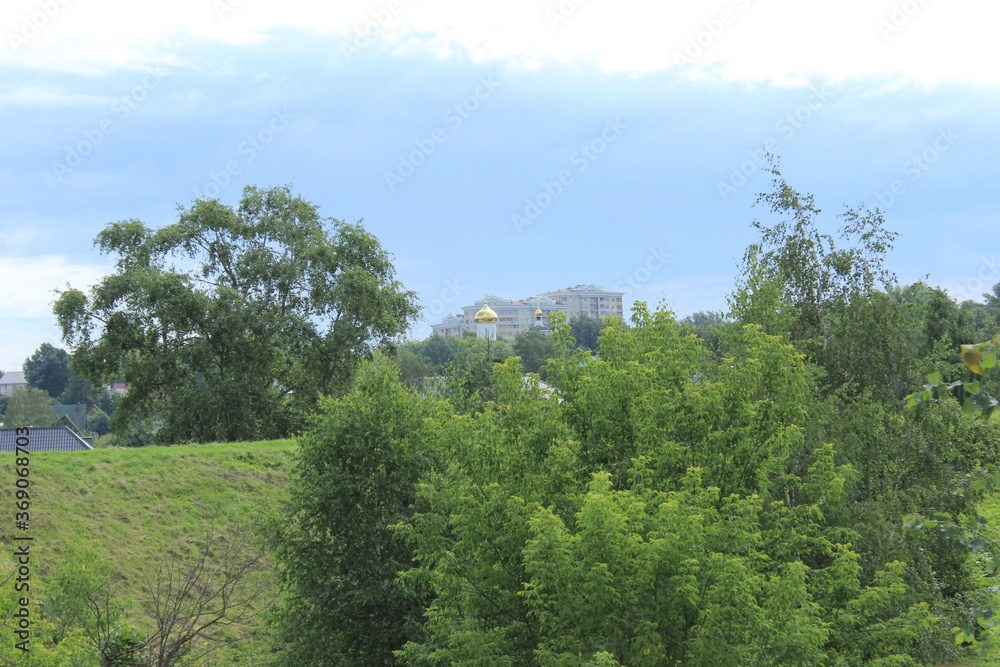 View of the domes of an Orthodox church in a small town. Russia.