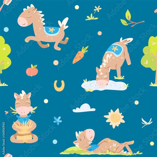 Cute seamless texture with little horses and objects. Vector pattern for web-design, textile, graphic design.