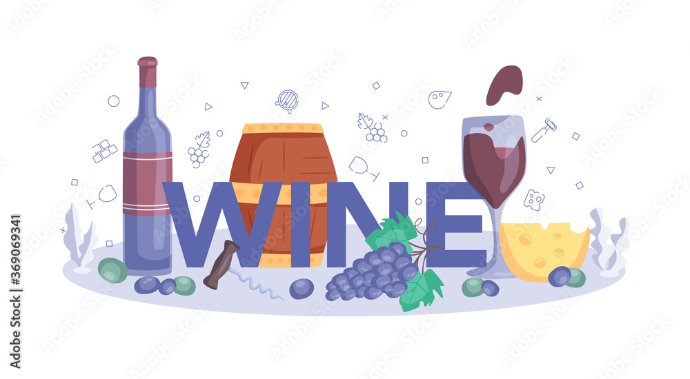 Wine typographic header. Grape wine in a wood barrel, bottle Wine typographic header. Grape wine in a wood barrel, bottle