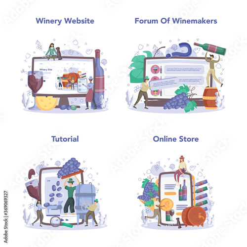 Wine maker online service or platform set. Grape wine in a wood