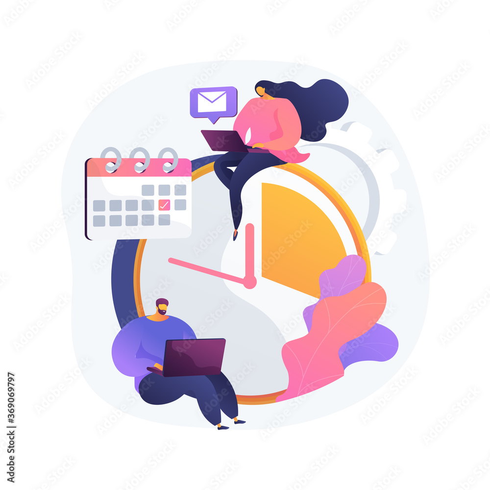 Time management abstract concept vector illustration. Time tracking tool, management software, effective planning, productivity at work, clock, control system, project schedule abstract metaphor. - obrazy, fototapety, plakaty 