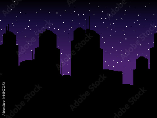 Vector pixel night city background. Pixel art background. 8bit