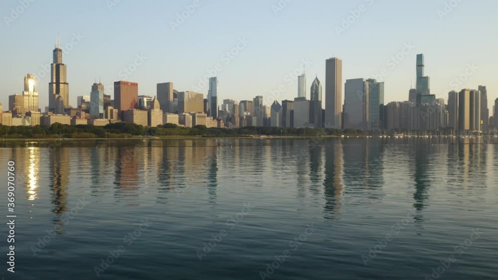 Panoramic View of Chicago Skyline on Summer Morning, Low Angle, Birds Eye Aerial View, Golden Hour Panoramic View of Chicago Skyline on Summer Morning, Low Angle, Birds Eye Aerial View, Golden Hour